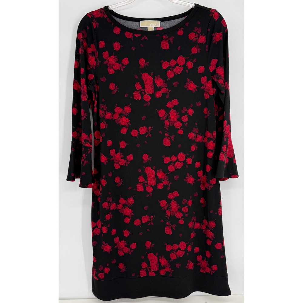 Michael Kors Womens Black Red Rose Floral Bell Sleeve Shift‎ Dress Size M